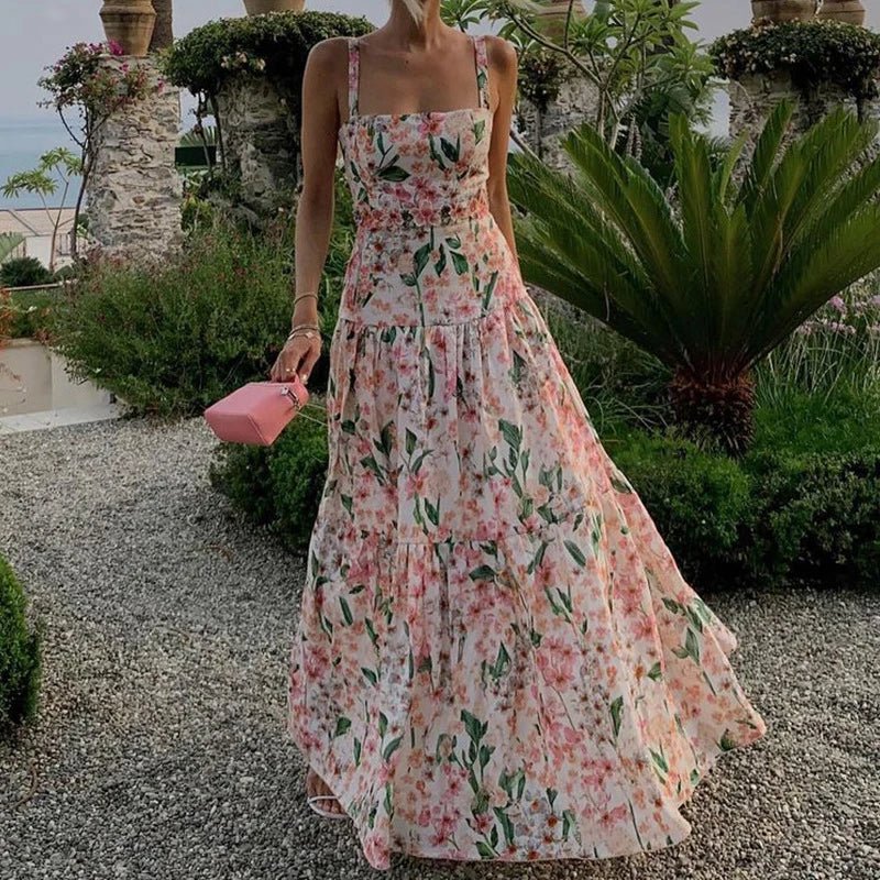 2024 Floral Print High Waist Long Dress Summer Hollow Out Sleeveless Garden Party Dress Sexy Off Shoulder Suspender Beach Dress - TheGlamTrend14:77101 As Picture;5:36138601 As PictureM2024 Floral Print High Waist Long Dress Summer Hollow Out Sleeveless Garden Party Dress Sexy Off Shoulder Suspender Beach Dress