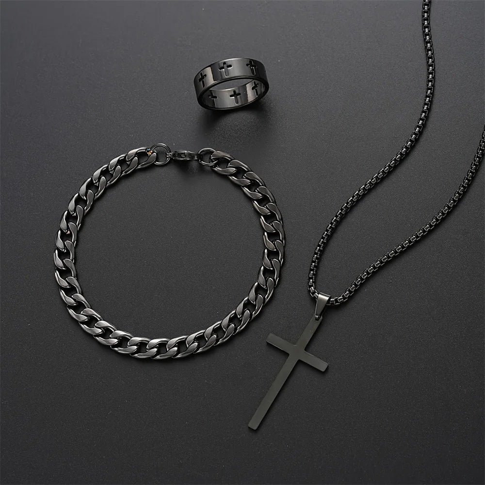 3pcs Set Men's Stainless Steel Metal Cross Pendant Chain Necklace Bracelet Ring Jewelry Set Male Hip Hop Daily Wear Accessories - TheGlamTrend200001033:3611806077701JCF6077701JCF3pcs Set Men's Stainless Steel Metal Cross Pendant Chain Necklace Bracelet Ring Jewelry Set Male Hip Hop Daily Wear Accessories