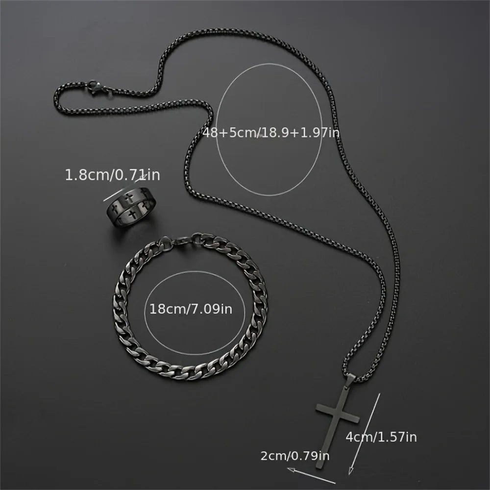 3pcs Set Men's Stainless Steel Metal Cross Pendant Chain Necklace Bracelet Ring Jewelry Set Male Hip Hop Daily Wear Accessories - TheGlamTrend200001033:3611806077701JCF6077701JCF3pcs Set Men's Stainless Steel Metal Cross Pendant Chain Necklace Bracelet Ring Jewelry Set Male Hip Hop Daily Wear Accessories