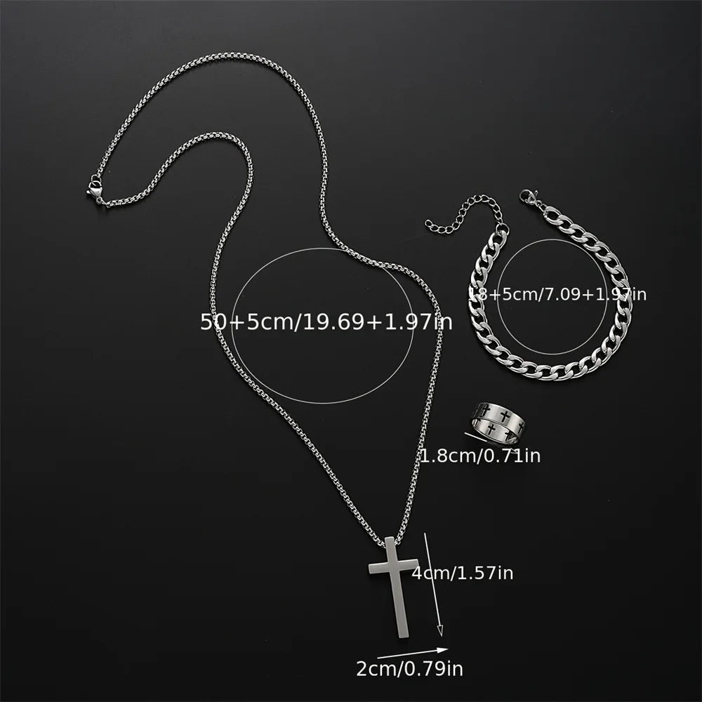 3pcs Set Men's Stainless Steel Metal Cross Pendant Chain Necklace Bracelet Ring Jewelry Set Male Hip Hop Daily Wear Accessories - TheGlamTrend200001033:3611806077701JCF6077701JCF3pcs Set Men's Stainless Steel Metal Cross Pendant Chain Necklace Bracelet Ring Jewelry Set Male Hip Hop Daily Wear Accessories