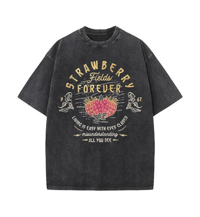 Vintage Old School Band Tees Beatle Strawberry Fields Rock Band Magic Tee Washed 100% Cotton Y2K Top Daily Trendy Streetwear