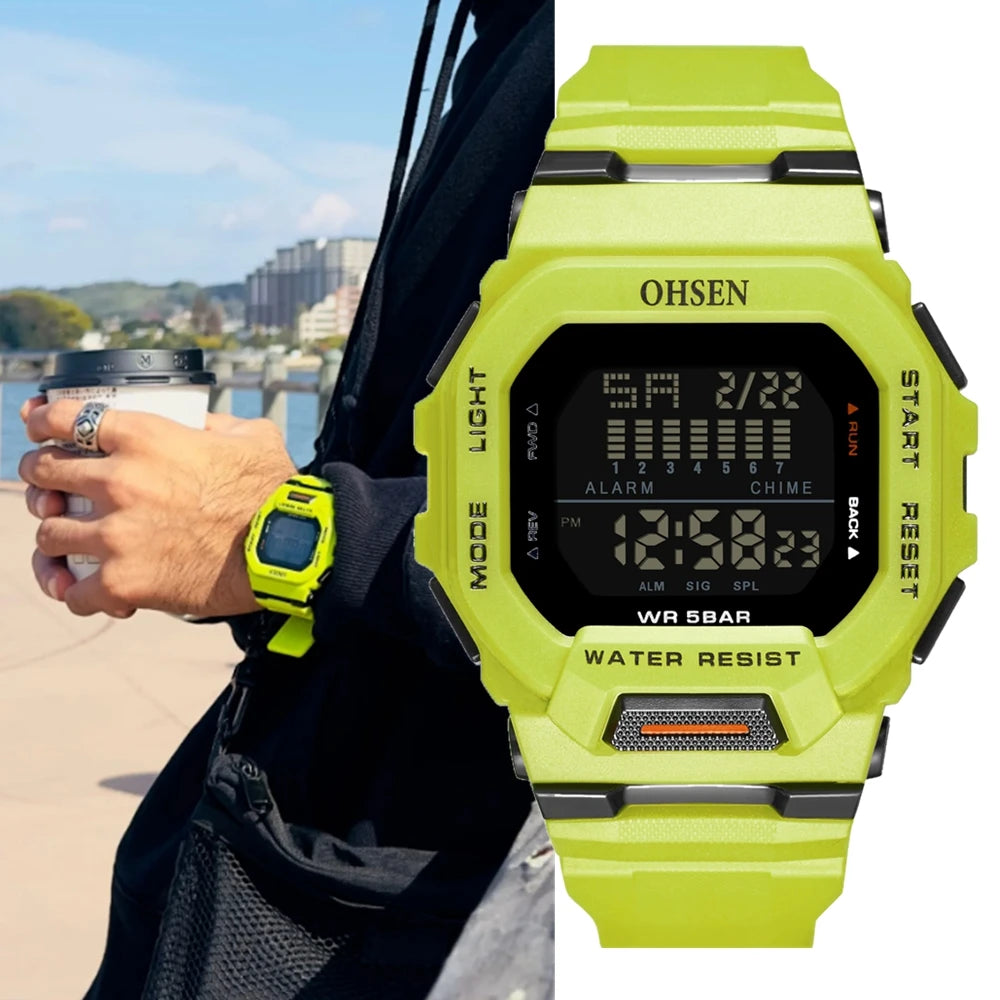 Fashion OHSEN Hombre Male Digital Watches 5ATM Dive Man Mens Sports Green Wristwatches Hand clocks Man Watch Reloj Masculino