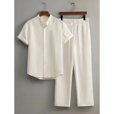 Men's Summer White Suit Outdoor Travel Suit Solid Color Vertical Strip Lapel Short-sleeved Shirt Drawstring Pants Two-piece Set