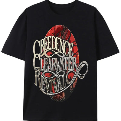 Creedence Clearwater Revival Vintage Logo Graphic Tee Classic Black Cotton Short Sleeve Casual Fit for Men