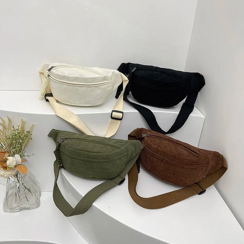 Casual Corduroy Belt Bags for Women Fashion Fanny Pack Female Banana Waist Bag Hip Purse Shoulder Crossbody Chest Bag Pocket - TheGlamTrend14:29WhiteWhiteCasual Corduroy Belt Bags for Women Fashion Fanny Pack Female Banana Waist Bag Hip Purse Shoulder Crossbody Chest Bag Pocket