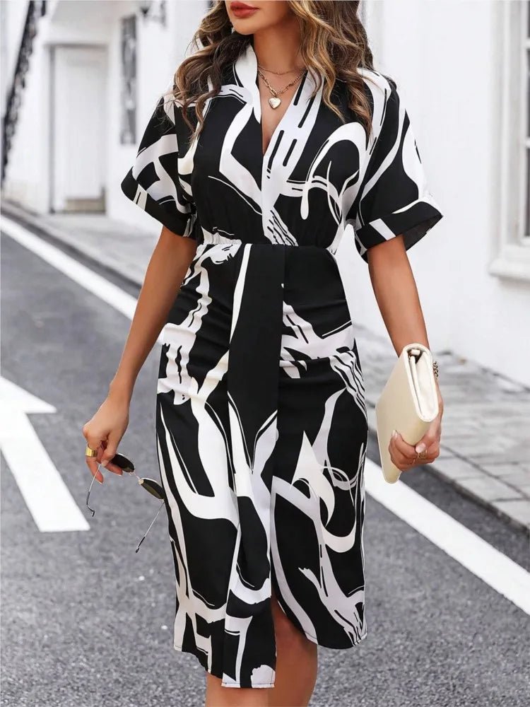 Casual Dresses For Women Summer Fashion Short Sleeve V - Neck Elegant Pullover Printed Women's High Waist Irregular Split Dress - TheGlamTrend14:100010417;5:361385CyanLCasual Dresses For Women Summer Fashion Short Sleeve V - Neck Elegant Pullover Printed Women's High Waist Irregular Split Dress