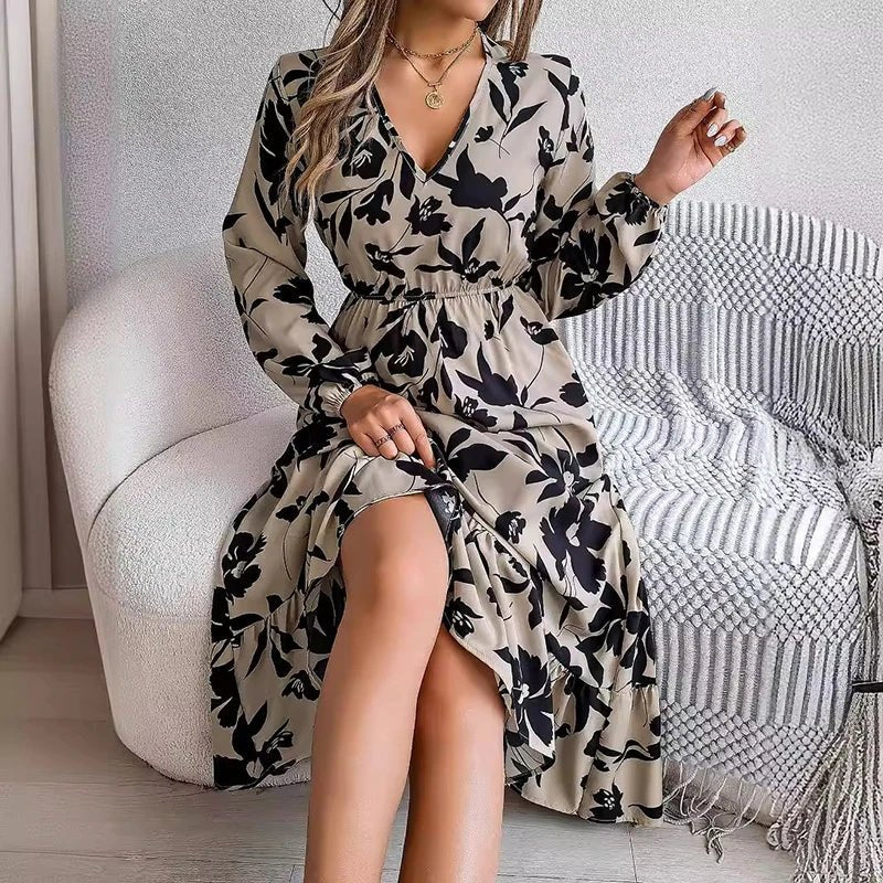 Casual Flower Waist Dress For Women Elegant V Neck Floral Print Long Sleeves High Tight Waist A - line Flowy Ruffle Hem Midi Dress - TheGlamTrend14:200001438khaki;5:361385LkhakiCasual Flower Waist Dress For Women Elegant V Neck Floral Print Long Sleeves High Tight Waist A - line Flowy Ruffle Hem Midi Dress