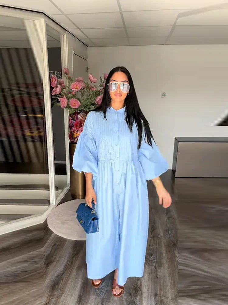 Casual Long Dress Women Loose O Neck Single Breasted Long Sleeves High Waist Robe Female 2025 Summer Fashion Solid Dresses Lady - TheGlamTrend14:350850blue;5:361386blueMCasual Long Dress Women Loose O Neck Single Breasted Long Sleeves High Waist Robe Female 2025 Summer Fashion Solid Dresses Lady