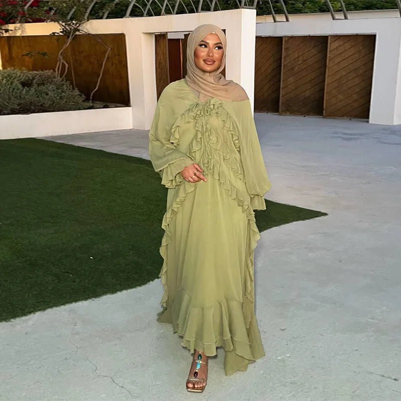 Casual Ruffles Long Dress Women Lace Up Batwing Full Sleeve Buttons V - neck Loose Brown Dresses 2025 Summer Holiday Beach Robes - TheGlamTrend14:200002130green;5:100014064greenSCasual Ruffles Long Dress Women Lace Up Batwing Full Sleeve Buttons V - neck Loose Brown Dresses 2025 Summer Holiday Beach Robes