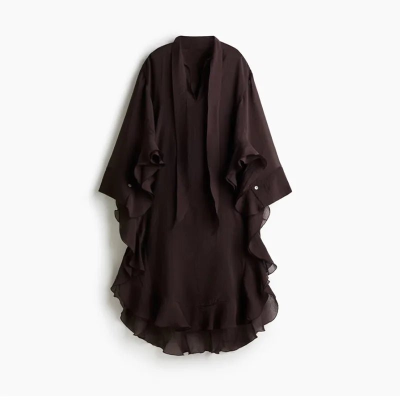 Casual Ruffles Long Dress Women Lace Up Batwing Full Sleeve Buttons V - neck Loose Brown Dresses 2025 Summer Holiday Beach Robes - TheGlamTrend14:200004889brown;5:361386brownMCasual Ruffles Long Dress Women Lace Up Batwing Full Sleeve Buttons V - neck Loose Brown Dresses 2025 Summer Holiday Beach Robes