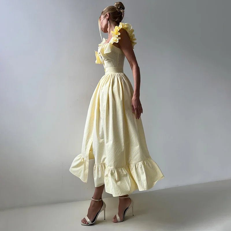 Casual Striped Women's Long Dresses Chic Single - breasted Short Puff Sleeve Female Vestidos 2025 Summer Slim Fit Lady Robes - TheGlamTrend14:175Yellow;5:100014064YellowSCasual Striped Women's Long Dresses Chic Single - breasted Short Puff Sleeve Female Vestidos 2025 Summer Slim Fit Lady Robes