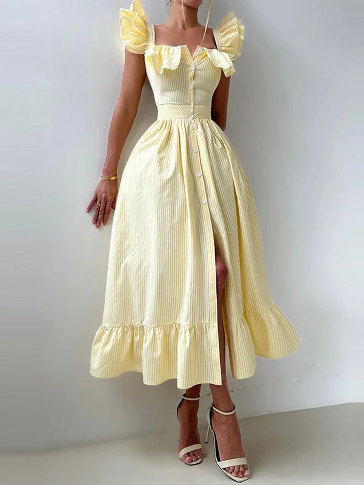 Casual Striped Women's Long Dresses Chic Single - breasted Short Puff Sleeve Female Vestidos 2025 Summer Slim Fit Lady Robes - TheGlamTrend14:771Blue;5:361385BlueLCasual Striped Women's Long Dresses Chic Single - breasted Short Puff Sleeve Female Vestidos 2025 Summer Slim Fit Lady Robes