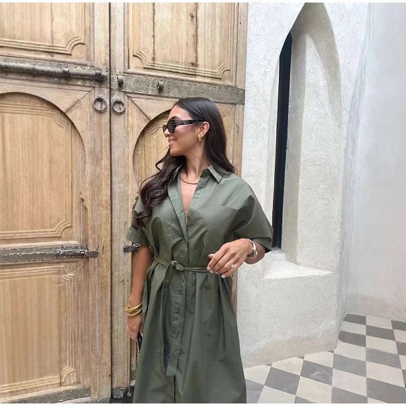 Casual Women's Lace Up Dress Single - Breasted Turn - Down Collar Short Sleeve Lady Dresses 2025 Spring Summer Loose Female Robe - TheGlamTrend14:175;5:361386greenMCasual Women's Lace Up Dress Single - Breasted Turn - Down Collar Short Sleeve Lady Dresses 2025 Spring Summer Loose Female Robe