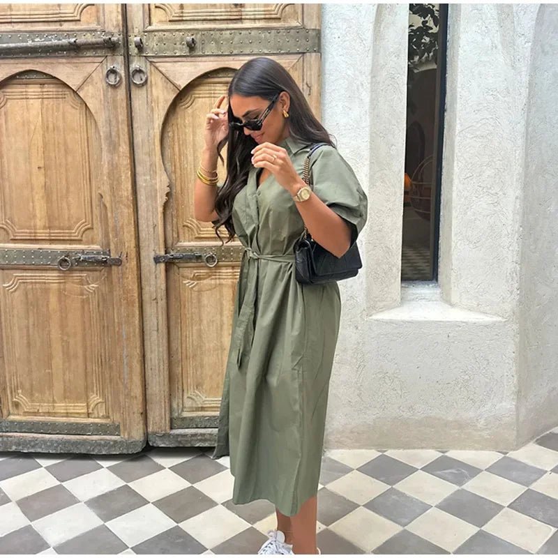 Casual Women's Lace Up Dress Single - Breasted Turn - Down Collar Short Sleeve Lady Dresses 2025 Spring Summer Loose Female Robe - TheGlamTrend14:175;5:361386greenMCasual Women's Lace Up Dress Single - Breasted Turn - Down Collar Short Sleeve Lady Dresses 2025 Spring Summer Loose Female Robe