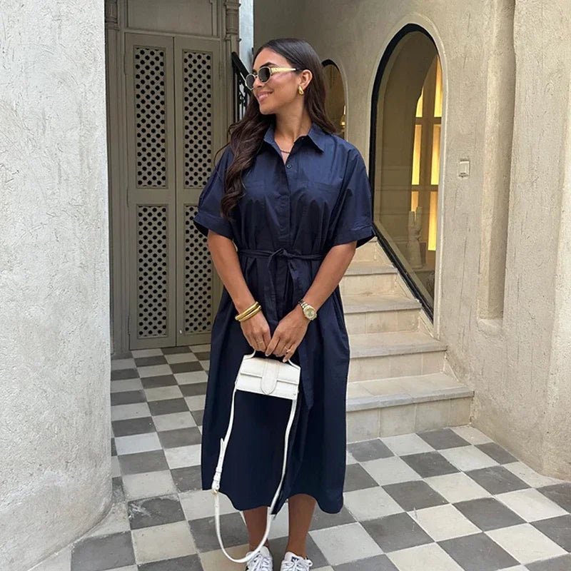 Casual Women's Lace Up Dress Single - Breasted Turn - Down Collar Short Sleeve Lady Dresses 2025 Spring Summer Loose Female Robe - TheGlamTrend14:175;5:361386greenMCasual Women's Lace Up Dress Single - Breasted Turn - Down Collar Short Sleeve Lady Dresses 2025 Spring Summer Loose Female Robe