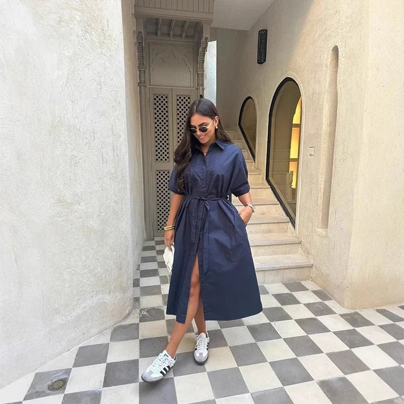 Casual Women's Lace Up Dress Single - Breasted Turn - Down Collar Short Sleeve Lady Dresses 2025 Spring Summer Loose Female Robe - TheGlamTrend14:771dark blue;5:100014064dark blueSCasual Women's Lace Up Dress Single - Breasted Turn - Down Collar Short Sleeve Lady Dresses 2025 Spring Summer Loose Female Robe
