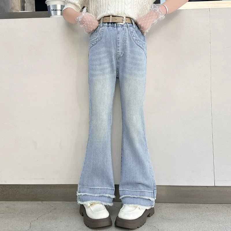 Girls' trousers with frayed hem; flared trousers; fashionable and versatile; slim - fit trousers; no belt included. - TheGlamTrend14:173lans;200000463:200004187120lans120Girls' trousers with frayed hem; flared trousers; fashionable and versatile; slim - fit trousers; no belt included.