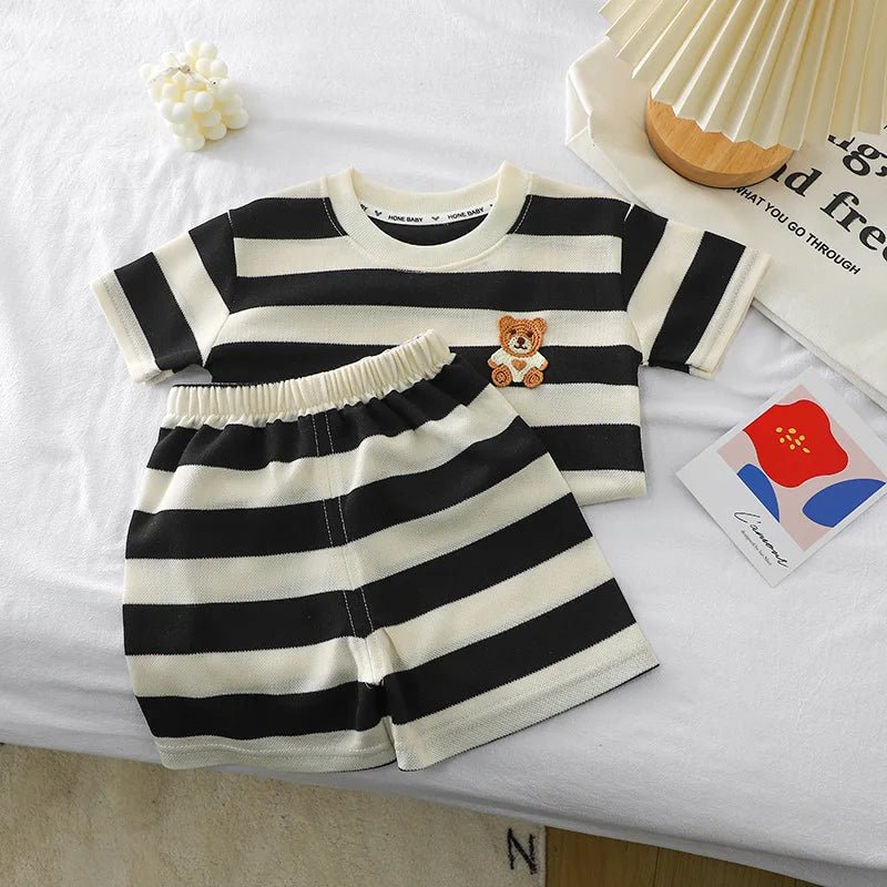 Kids Clothes Children's Short - sleeved Suit Striped Top+shorts 2 - piece T-shirt Summer Baby Clothes Children Clothing Boys Girls - TheGlamTrend14:771black;200000463:20000418780cm 9 - 12Mblack80cm 9 - 12MKids Clothes Children's Short - sleeved Suit Striped Top+shorts 2 - piece T-shirt Summer Baby Clothes Children Clothing Boys Girls