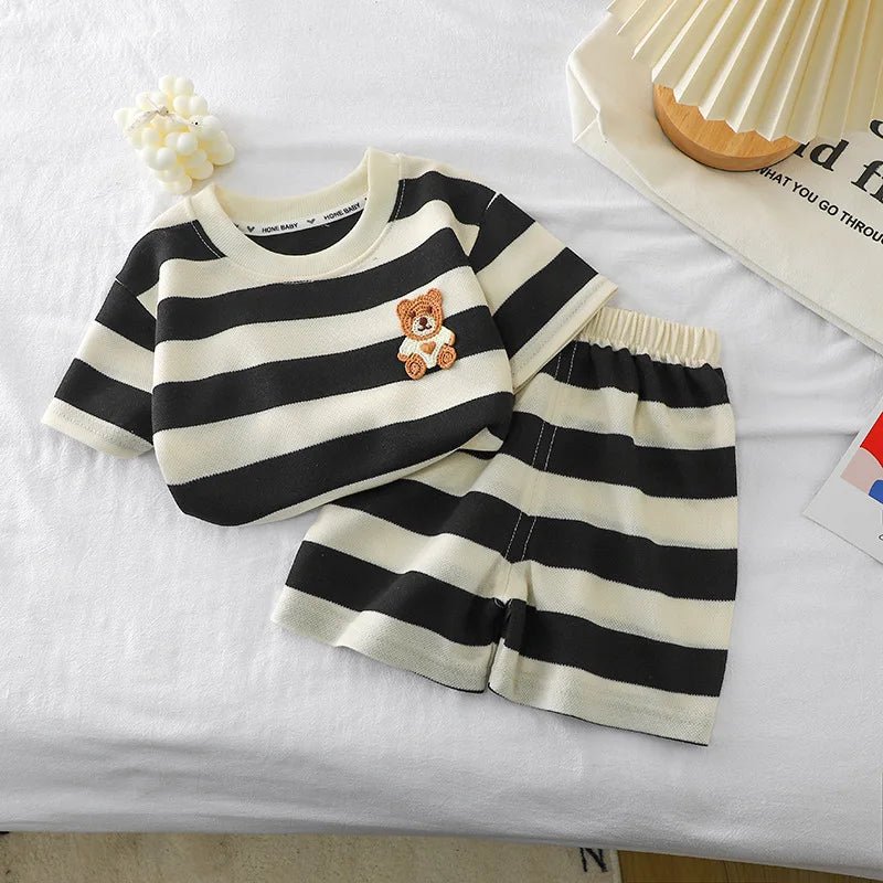Kids Clothes Children's Short - sleeved Suit Striped Top+shorts 2 - piece T-shirt Summer Baby Clothes Children Clothing Boys Girls - TheGlamTrend14:771black;200000463:20000418780cm 9 - 12Mblack80cm 9 - 12MKids Clothes Children's Short - sleeved Suit Striped Top+shorts 2 - piece T-shirt Summer Baby Clothes Children Clothing Boys Girls