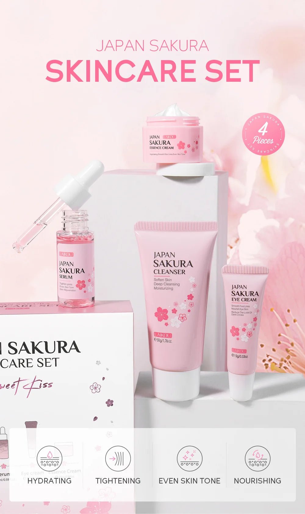 LAIKOU Sakura Skin Care Set Facial Cleanser Face Cream Essence Facial Eye Cream Skincare Product 4pcs Kit - TheGlamTrend14:1052Four - piece setFour - piece setLAIKOU Sakura Skin Care Set Facial Cleanser Face Cream Essence Facial Eye Cream Skincare Product 4pcs Kit