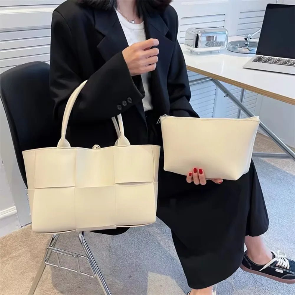 Large Capacity Handbags for Women 2022 Fashion Leather Woven Tote Bags Designer Solid Color Lacing Plaid PU Shoulder Bags - TheGlamTrend14:771BKBKLarge Capacity Handbags for Women 2022 Fashion Leather Woven Tote Bags Designer Solid Color Lacing Plaid PU Shoulder Bags