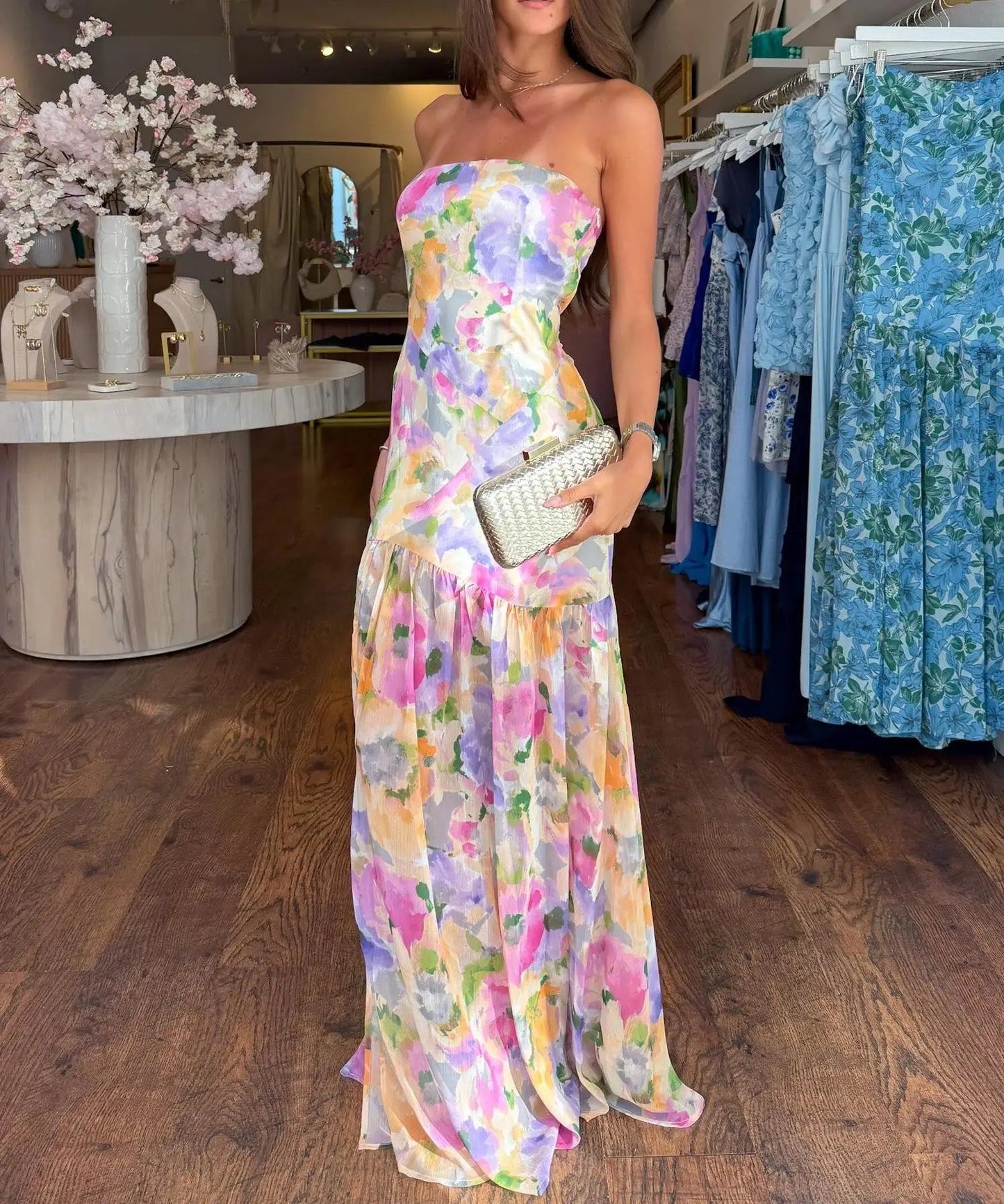 New Women Casual Strapless Dress Summer Floral Print Backless A - Line Long Dress For Cocktail Party Beach Streetwear S - XL - TheGlamTrend14:350852B;5:100014064BSNew Women Casual Strapless Dress Summer Floral Print Backless A - Line Long Dress For Cocktail Party Beach Streetwear S - XL