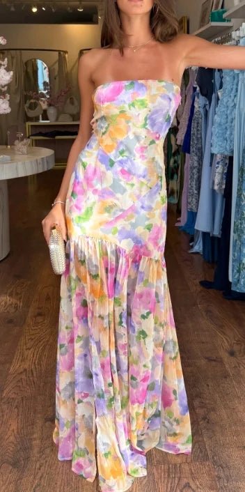 New Women Casual Strapless Dress Summer Floral Print Backless A - Line Long Dress For Cocktail Party Beach Streetwear S - XL - TheGlamTrend14:771A;5:100014064ASNew Women Casual Strapless Dress Summer Floral Print Backless A - Line Long Dress For Cocktail Party Beach Streetwear S - XL
