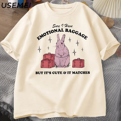 Sure I Have Emotional Baggage Funny Mental Health T Shirts Women Men Vintage Rabbit Tee Shirt Summer Short Sleeve Graphic Tees - TheGlamTrend14:200001438;5:100014064KhakiSSure I Have Emotional Baggage Funny Mental Health T Shirts Women Men Vintage Rabbit Tee Shirt Summer Short Sleeve Graphic Tees