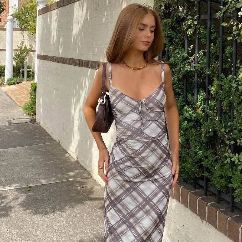 WhereMery Vintage Plaid Print V - neck Maxi Dress Sexy Backless Spaghetti Straps Sundresses Autumn Club Party Women Slim Vestidos - TheGlamTrend14:200002987;5:100014064Light BrownSWhereMery Vintage Plaid Print V - neck Maxi Dress Sexy Backless Spaghetti Straps Sundresses Autumn Club Party Women Slim Vestidos