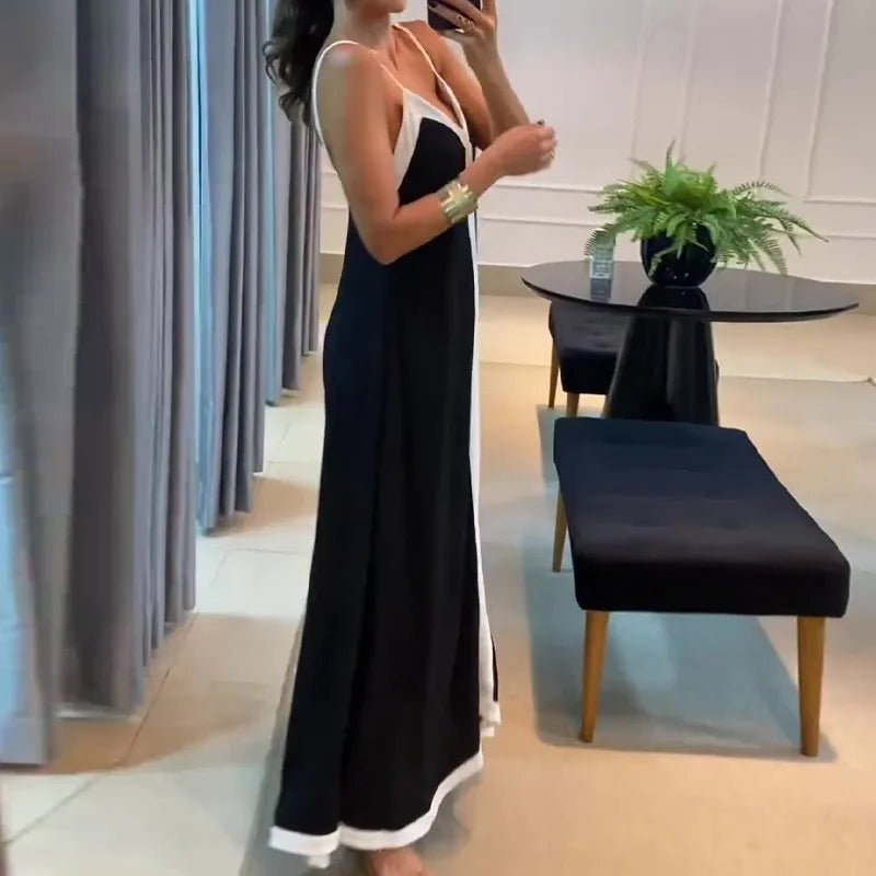 Women Casual V Neck Long Dress Summer Chic Stitching Color Loose Hem Dresses Elegant Backless Sleeveless Sling Maxi Dresses - TheGlamTrend14:193;5:4182blackXXLWomen Casual V Neck Long Dress Summer Chic Stitching Color Loose Hem Dresses Elegant Backless Sleeveless Sling Maxi Dresses