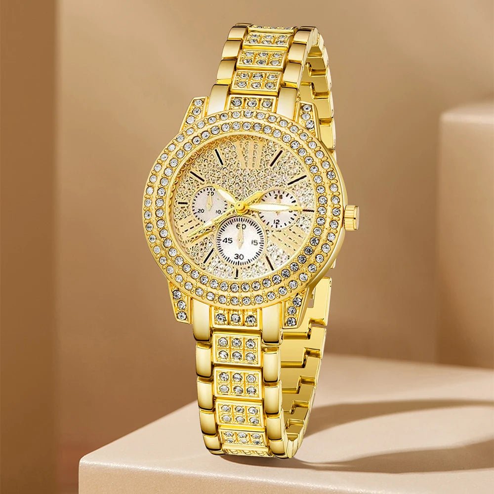 Women's Quartz Watch Gold Luxury Women Ring Necklace Earring Rhinestone Fashion Wristwatch Casual Ladies Watches Jewelry Set - TheGlamTrend14:350850GoldWomen's Quartz Watch Gold Luxury Women Ring Necklace Earring Rhinestone Fashion Wristwatch Casual Ladies Watches Jewelry Set 