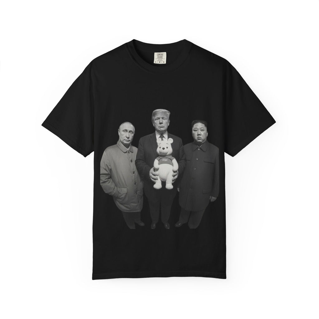 Satirical Political Photo Tee — Leaders Holding Teddy Bear Graphic T-Shirt