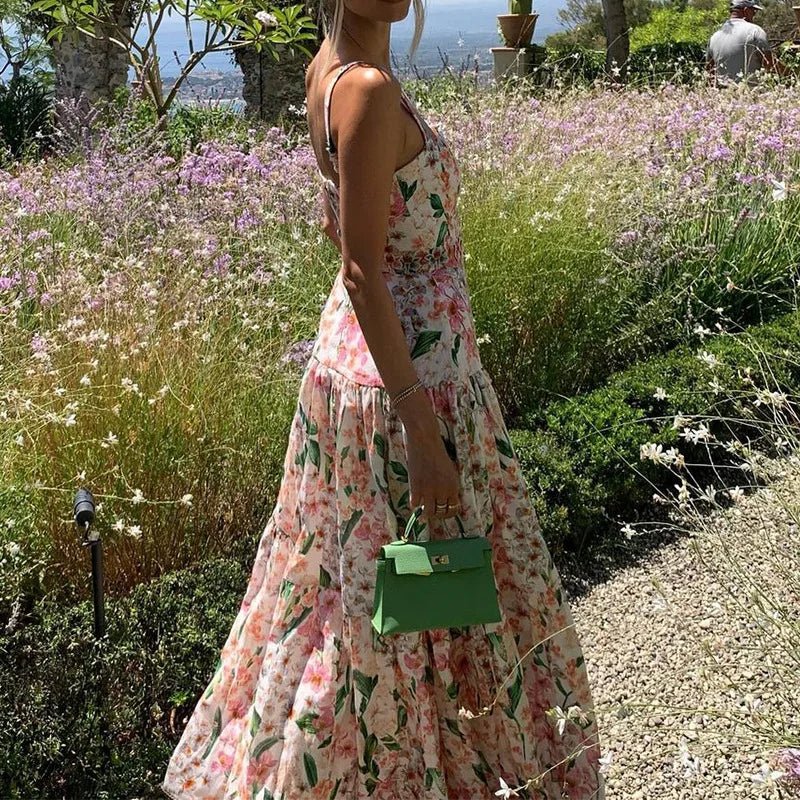 2024 Floral Print High Waist Long Dress Summer Hollow Out Sleeveless Garden Party Dress Sexy Off Shoulder Suspender Beach Dress - TheGlamTrend14:77101 As Picture;5:36138601 As PictureM2024 Floral Print High Waist Long Dress Summer Hollow Out Sleeveless Garden Party Dress Sexy Off Shoulder Suspender Beach Dress