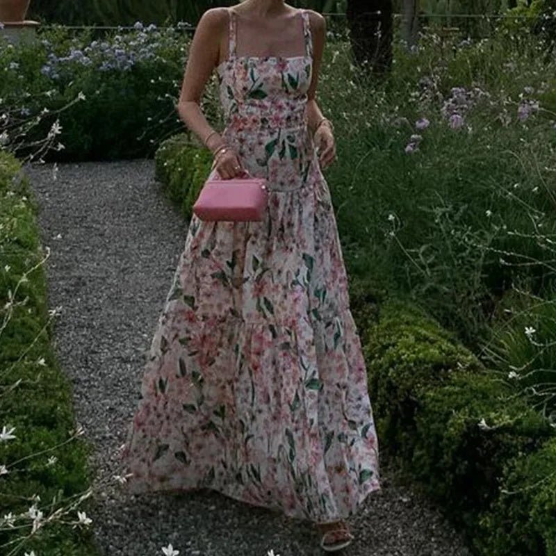 2024 Floral Print High Waist Long Dress Summer Hollow Out Sleeveless Garden Party Dress Sexy Off Shoulder Suspender Beach Dress - TheGlamTrend14:77101 As Picture;5:36138601 As PictureM2024 Floral Print High Waist Long Dress Summer Hollow Out Sleeveless Garden Party Dress Sexy Off Shoulder Suspender Beach Dress