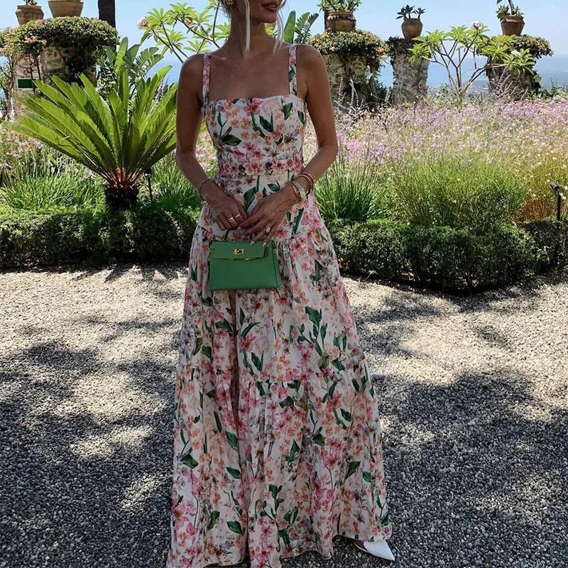 2024 Floral Print High Waist Long Dress Summer Hollow Out Sleeveless Garden Party Dress Sexy Off Shoulder Suspender Beach Dress - TheGlamTrend14:77101 As Picture;5:36138601 As PictureM2024 Floral Print High Waist Long Dress Summer Hollow Out Sleeveless Garden Party Dress Sexy Off Shoulder Suspender Beach Dress