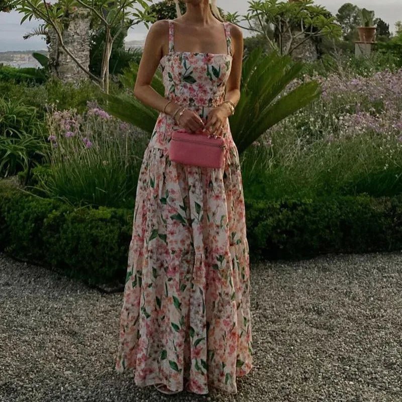 2024 Floral Print High Waist Long Dress Summer Hollow Out Sleeveless Garden Party Dress Sexy Off Shoulder Suspender Beach Dress - TheGlamTrend14:77101 As Picture;5:36138601 As PictureM2024 Floral Print High Waist Long Dress Summer Hollow Out Sleeveless Garden Party Dress Sexy Off Shoulder Suspender Beach Dress