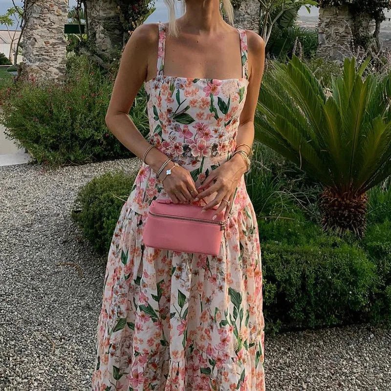 2024 Floral Print High Waist Long Dress Summer Hollow Out Sleeveless Garden Party Dress Sexy Off Shoulder Suspender Beach Dress - TheGlamTrend14:77101 As Picture;5:36138601 As PictureM2024 Floral Print High Waist Long Dress Summer Hollow Out Sleeveless Garden Party Dress Sexy Off Shoulder Suspender Beach Dress