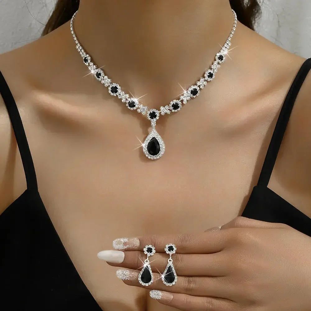 2pcs/set Jewelry Sets Women Elegant Waterdrop Rhinestone Pendant Necklace stud Earrings Wedding Dress Bridal Jewelry Set - TheGlamTrend200001033:200003757BlackBlack2pcs/set Jewelry Sets Women Elegant Waterdrop Rhinestone Pendant Necklace stud Earrings Wedding Dress Bridal Jewelry Set