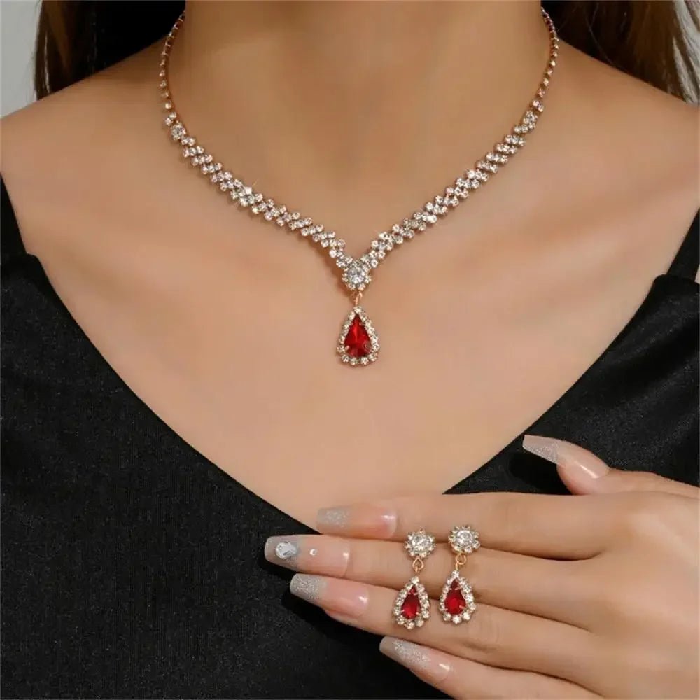 2pcs/set Jewelry Sets Women Elegant Waterdrop Rhinestone Pendant Necklace stud Earrings Wedding Dress Bridal Jewelry Set - TheGlamTrend200001033:200003758Gold red 2Gold red 22pcs/set Jewelry Sets Women Elegant Waterdrop Rhinestone Pendant Necklace stud Earrings Wedding Dress Bridal Jewelry Set