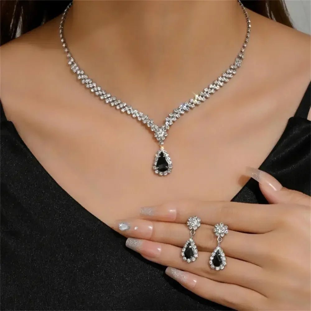 2pcs/set Jewelry Sets Women Elegant Waterdrop Rhinestone Pendant Necklace stud Earrings Wedding Dress Bridal Jewelry Set - TheGlamTrend200001033:200003759Black 2Black 22pcs/set Jewelry Sets Women Elegant Waterdrop Rhinestone Pendant Necklace stud Earrings Wedding Dress Bridal Jewelry Set