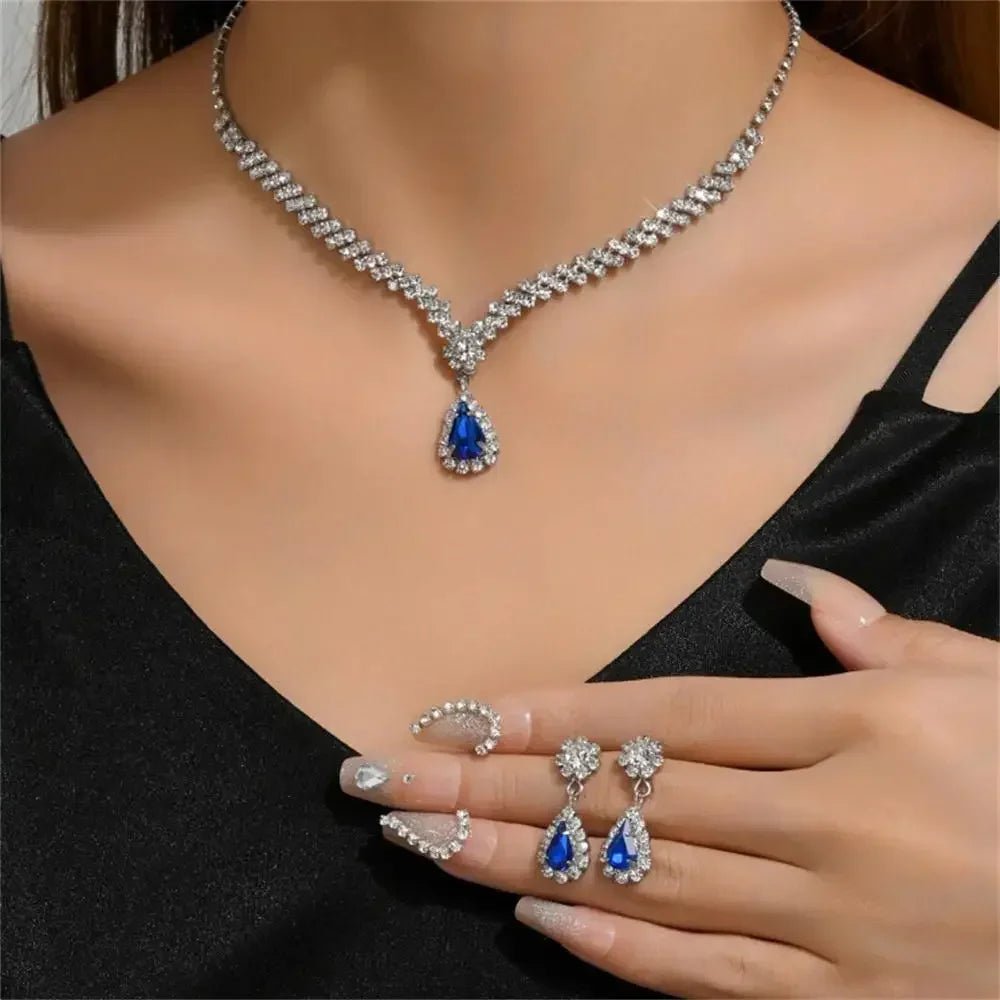 2pcs/set Jewelry Sets Women Elegant Waterdrop Rhinestone Pendant Necklace stud Earrings Wedding Dress Bridal Jewelry Set - TheGlamTrend200001033:200003760Blue 2Blue 22pcs/set Jewelry Sets Women Elegant Waterdrop Rhinestone Pendant Necklace stud Earrings Wedding Dress Bridal Jewelry Set
