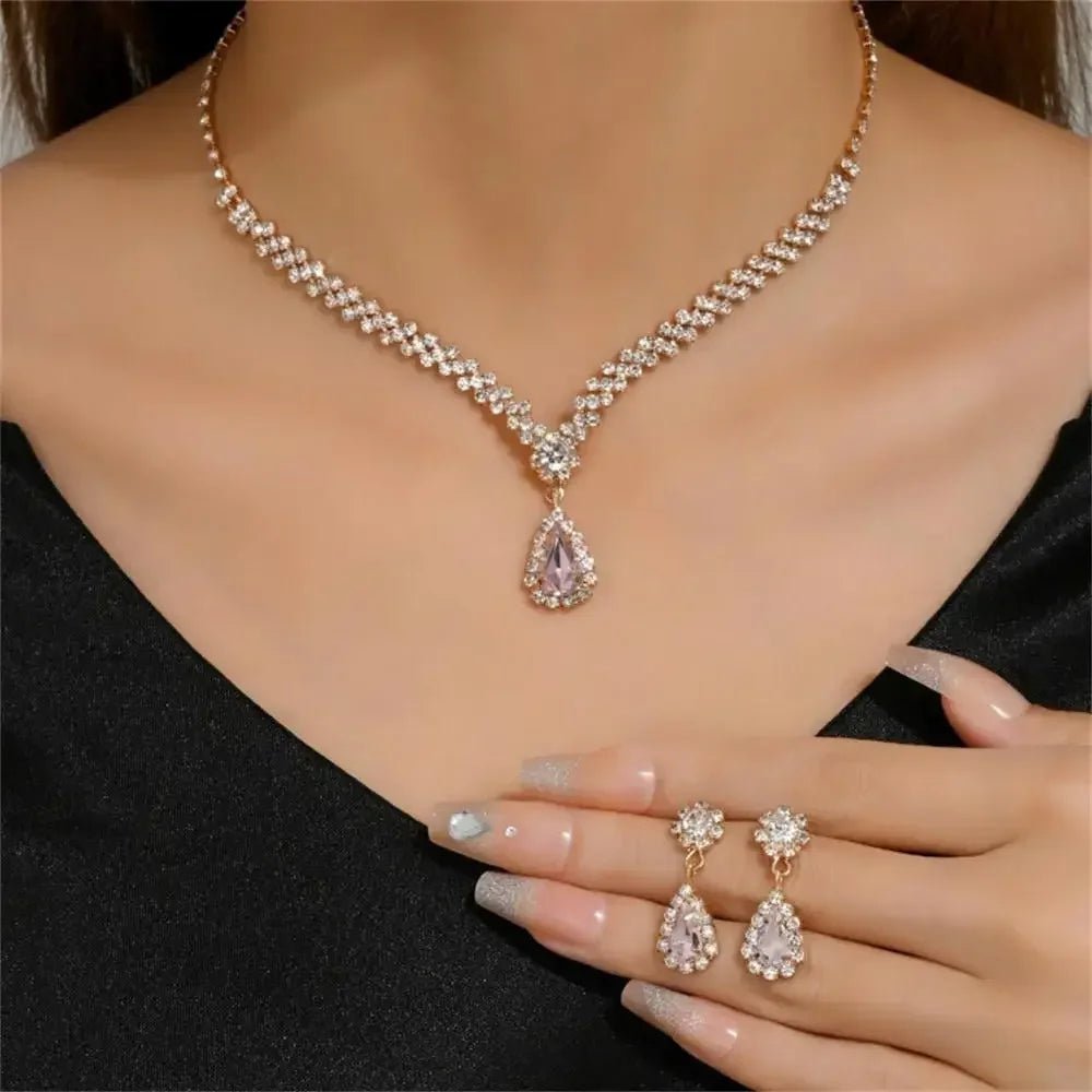 2pcs/set Jewelry Sets Women Elegant Waterdrop Rhinestone Pendant Necklace stud Earrings Wedding Dress Bridal Jewelry Set - TheGlamTrend200001033:200003761Pink 2Pink 22pcs/set Jewelry Sets Women Elegant Waterdrop Rhinestone Pendant Necklace stud Earrings Wedding Dress Bridal Jewelry Set