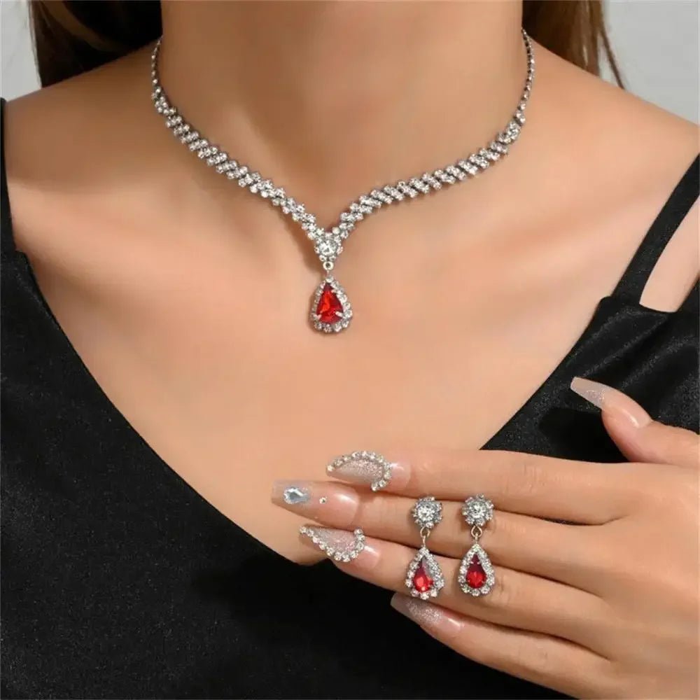 2pcs/set Jewelry Sets Women Elegant Waterdrop Rhinestone Pendant Necklace stud Earrings Wedding Dress Bridal Jewelry Set - TheGlamTrend200001033:200003762Silver red 2Silver red 22pcs/set Jewelry Sets Women Elegant Waterdrop Rhinestone Pendant Necklace stud Earrings Wedding Dress Bridal Jewelry Set