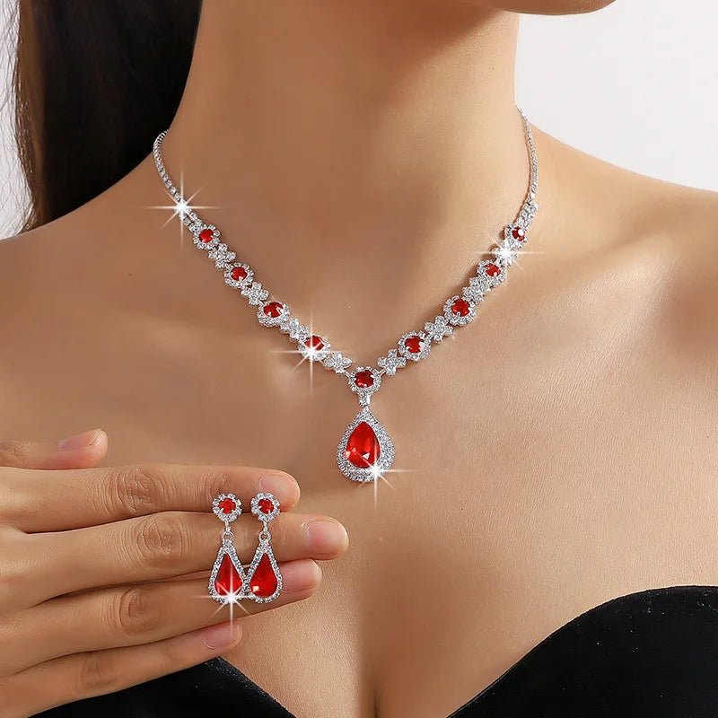 2pcs/set Jewelry Sets Women Elegant Waterdrop Rhinestone Pendant Necklace stud Earrings Wedding Dress Bridal Jewelry Set - TheGlamTrend200001033:200003762Silver red 2Silver red 22pcs/set Jewelry Sets Women Elegant Waterdrop Rhinestone Pendant Necklace stud Earrings Wedding Dress Bridal Jewelry Set