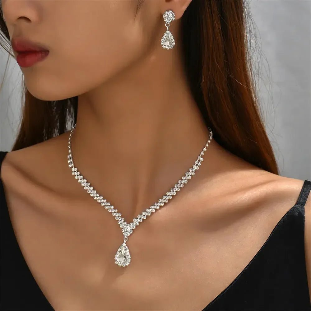 2pcs/set Jewelry Sets Women Elegant Waterdrop Rhinestone Pendant Necklace stud Earrings Wedding Dress Bridal Jewelry Set - TheGlamTrend200001033:200006153White 2White 22pcs/set Jewelry Sets Women Elegant Waterdrop Rhinestone Pendant Necklace stud Earrings Wedding Dress Bridal Jewelry Set