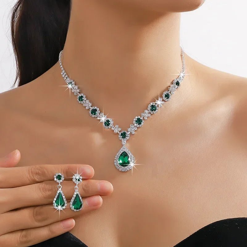 2pcs/set Jewelry Sets Women Elegant Waterdrop Rhinestone Pendant Necklace stud Earrings Wedding Dress Bridal Jewelry Set - TheGlamTrend200001033:361180GreenGreen2pcs/set Jewelry Sets Women Elegant Waterdrop Rhinestone Pendant Necklace stud Earrings Wedding Dress Bridal Jewelry Set