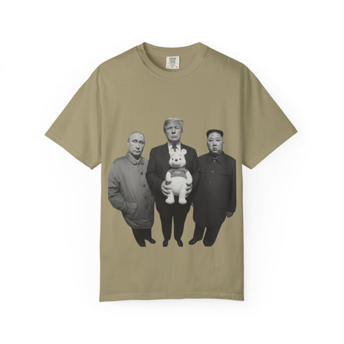 Satirical Political Photo Tee — Leaders Holding Teddy Bear Graphic T-Shirt