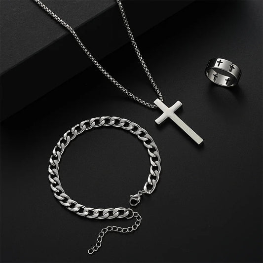 3pcs Set Men's Stainless Steel Metal Cross Pendant Chain Necklace Bracelet Ring Jewelry Set Male Hip Hop Daily Wear Accessories - TheGlamTrend200001033:3611806077701JCF6077701JCF3pcs Set Men's Stainless Steel Metal Cross Pendant Chain Necklace Bracelet Ring Jewelry Set Male Hip Hop Daily Wear Accessories
