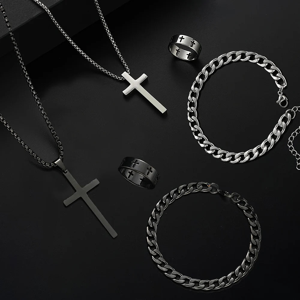 3pcs Set Men's Stainless Steel Metal Cross Pendant Chain Necklace Bracelet Ring Jewelry Set Male Hip Hop Daily Wear Accessories - TheGlamTrend200001033:3611806077701JCF6077701JCF3pcs Set Men's Stainless Steel Metal Cross Pendant Chain Necklace Bracelet Ring Jewelry Set Male Hip Hop Daily Wear Accessories