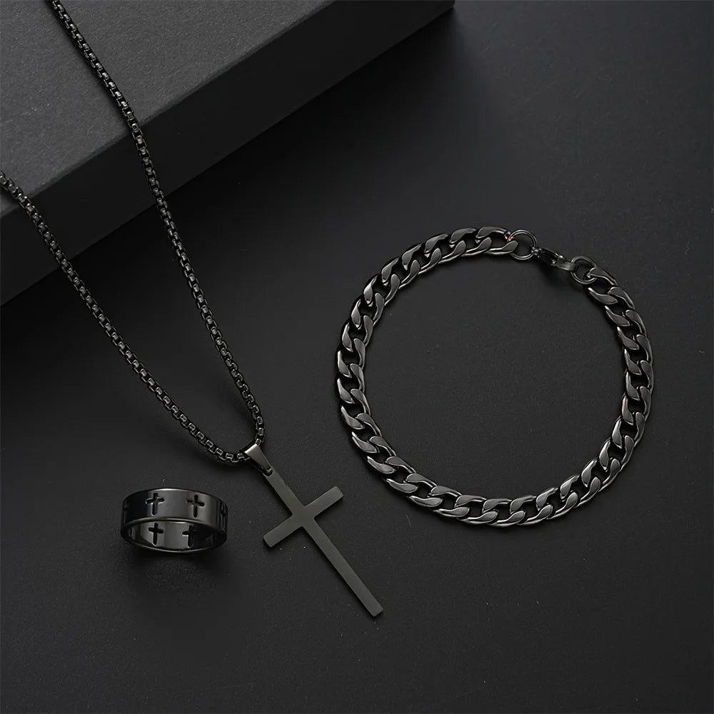 3pcs Set Men's Stainless Steel Metal Cross Pendant Chain Necklace Bracelet Ring Jewelry Set Male Hip Hop Daily Wear Accessories - TheGlamTrend200001033:3611816081001JCF6081001JCF3pcs Set Men's Stainless Steel Metal Cross Pendant Chain Necklace Bracelet Ring Jewelry Set Male Hip Hop Daily Wear Accessories